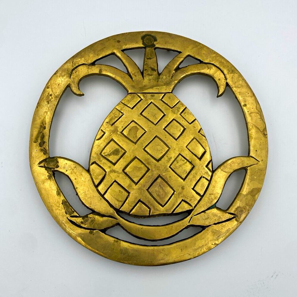 Schmid Vtg Brass Pineapple Round Trivet Hot Plate w/ Feet 8 in 1984
